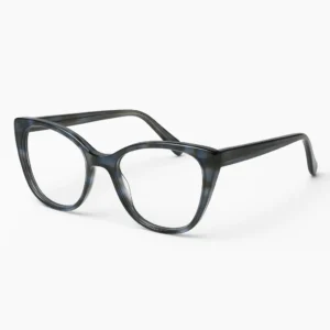 Gafas de acetato azul gris modelo QC1201 sobre fondo blanco, disponibles en Soluciones Visuales, óptica en Babahoyo.